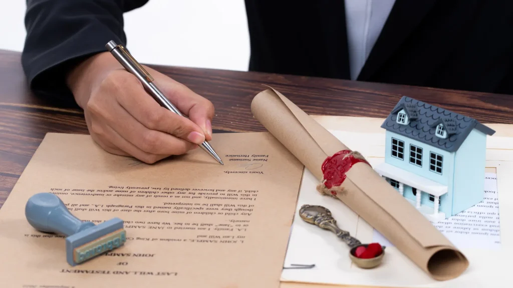 Person signing legal documents with a wax-sealed scroll and pen.